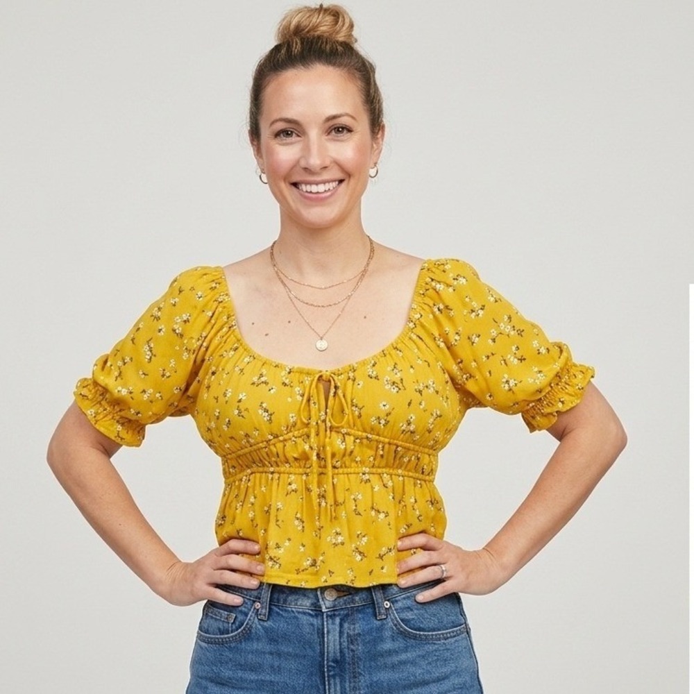Papaya Floral Peplum Top Mustard Yellow Puff‎ Sleeve Tie Front Blouse T90516 M